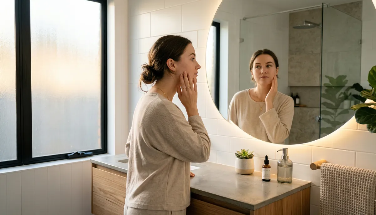 Woman gently touching her cheek in a softly lit mirror, examining cortisol face puffiness.