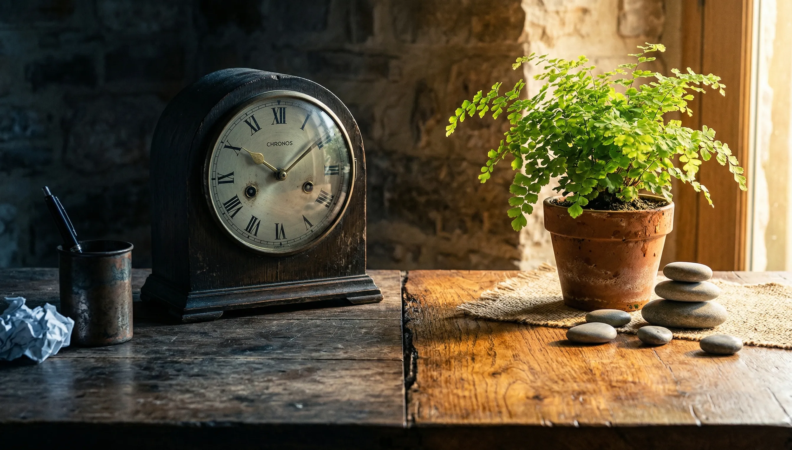 Un reloj en la sombra que pasa a una planta iluminada por el sol, representando el estrés frente a la calma.