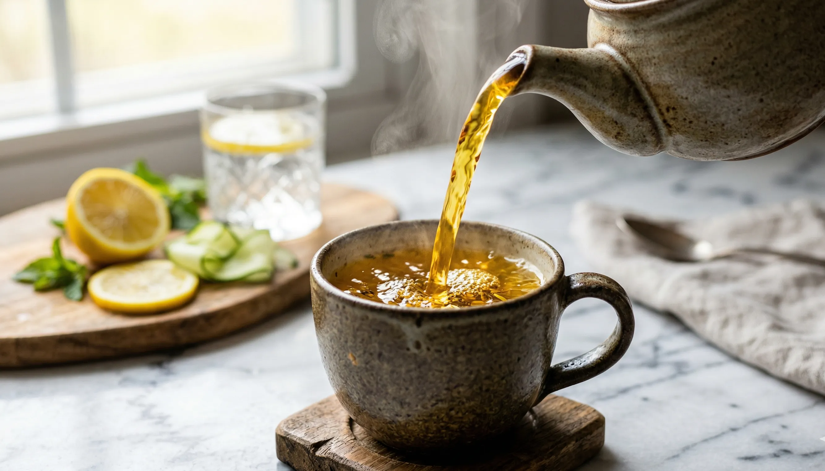 Té de hierbas humeante servido en una taza junto a limón y pepino para la hidratación facial.