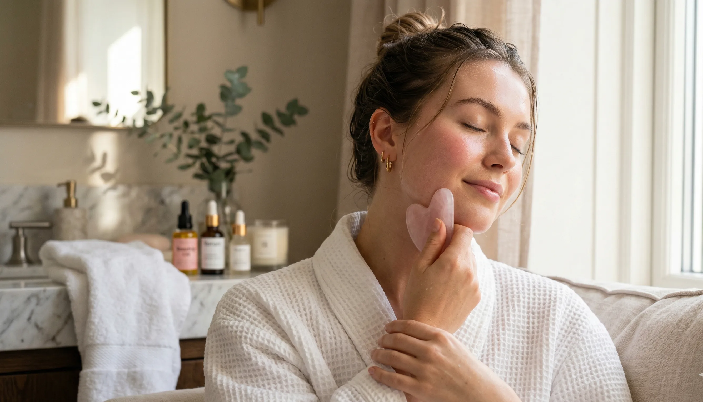 Mujer usando una herramienta Gua Sha de cuarzo rosa en su mandíbula para aliviar la hinchazón.