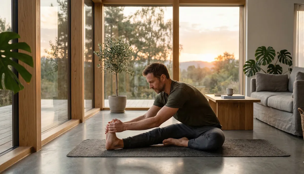 Fit man stretching at sunrise, managing cortisol and weight loss naturally.