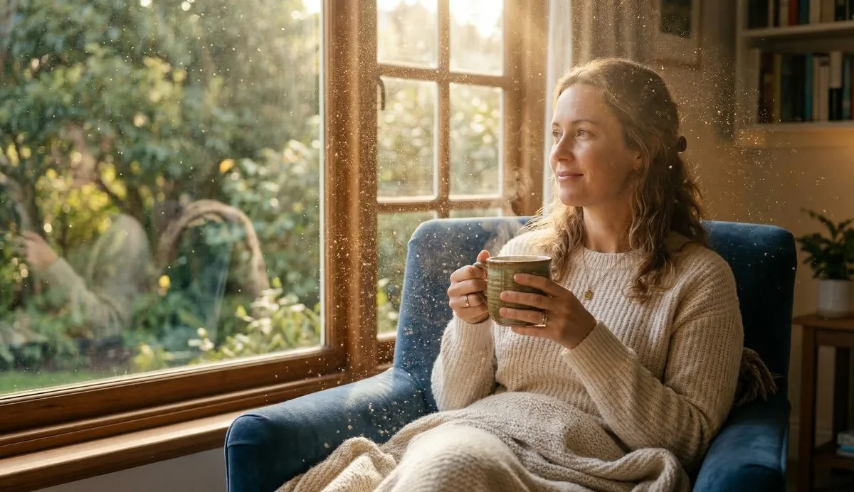Serene woman enjoying a warm morning drink by a sunlit window to balance cortisol levels and reduce stress.