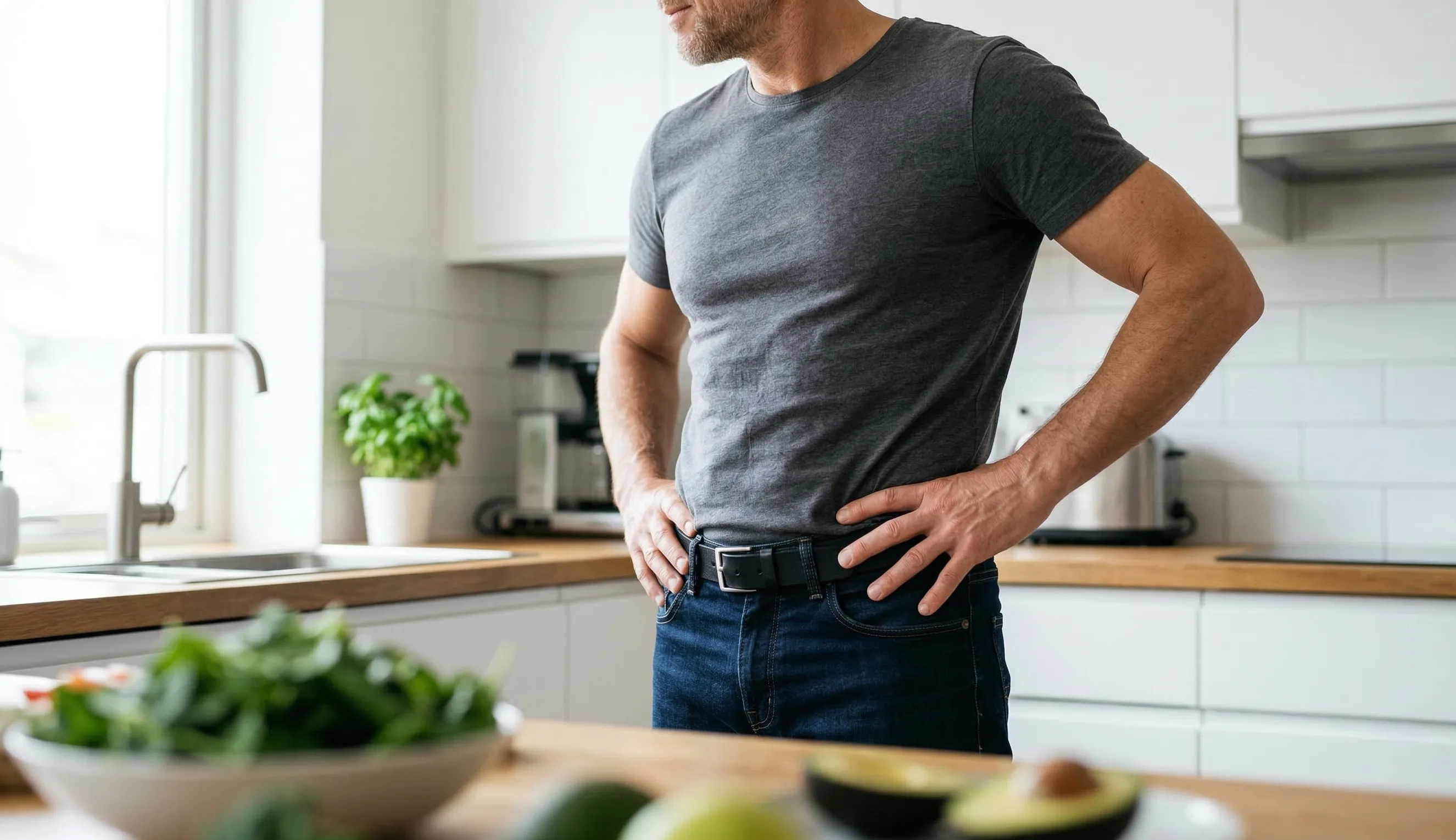 Hombre sano en la cocina demostrando cómo perder la barriga por cortisol.