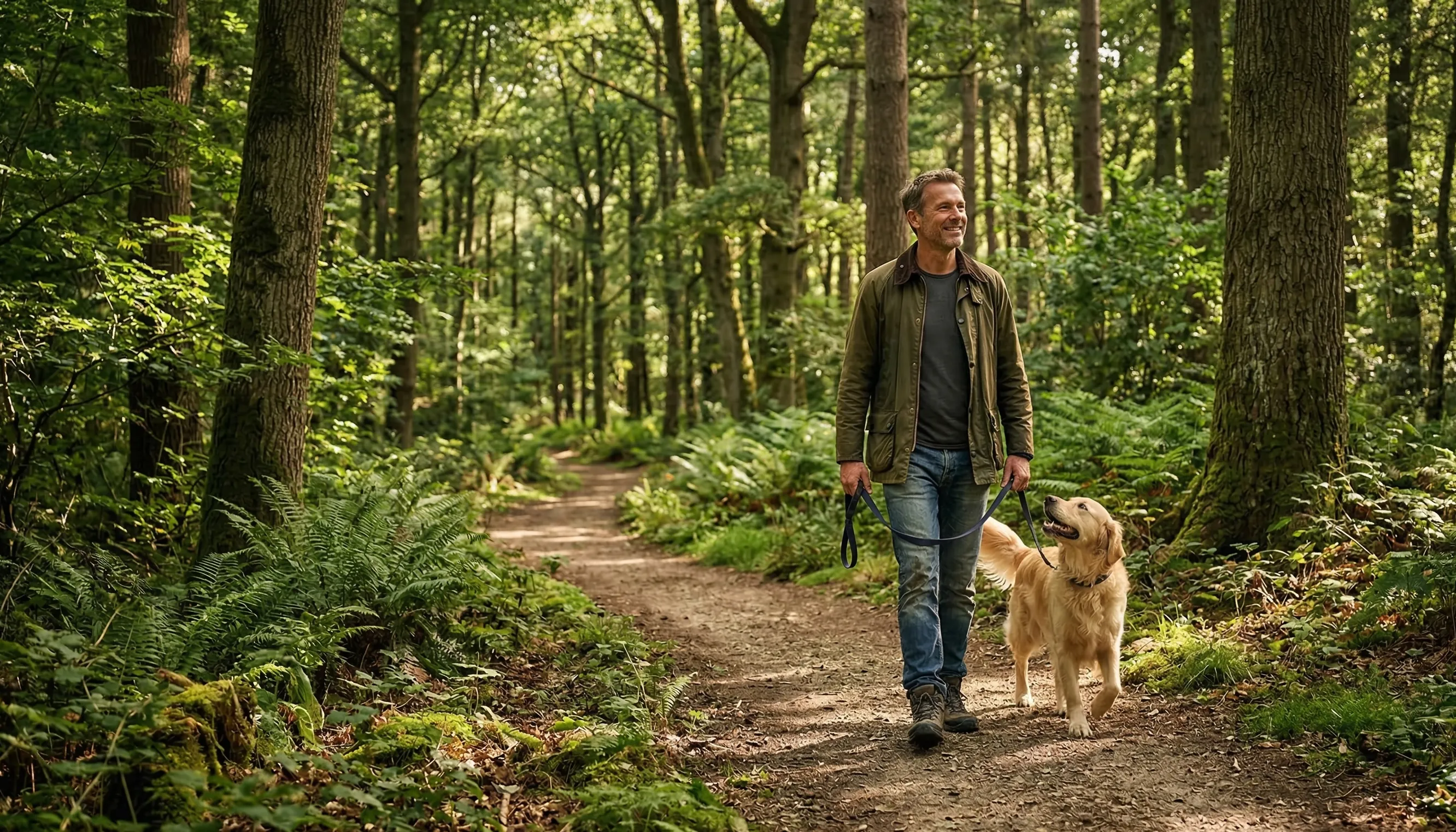 Hombre paseando a su perro por el bosque para bajar el cortisol de forma natural.