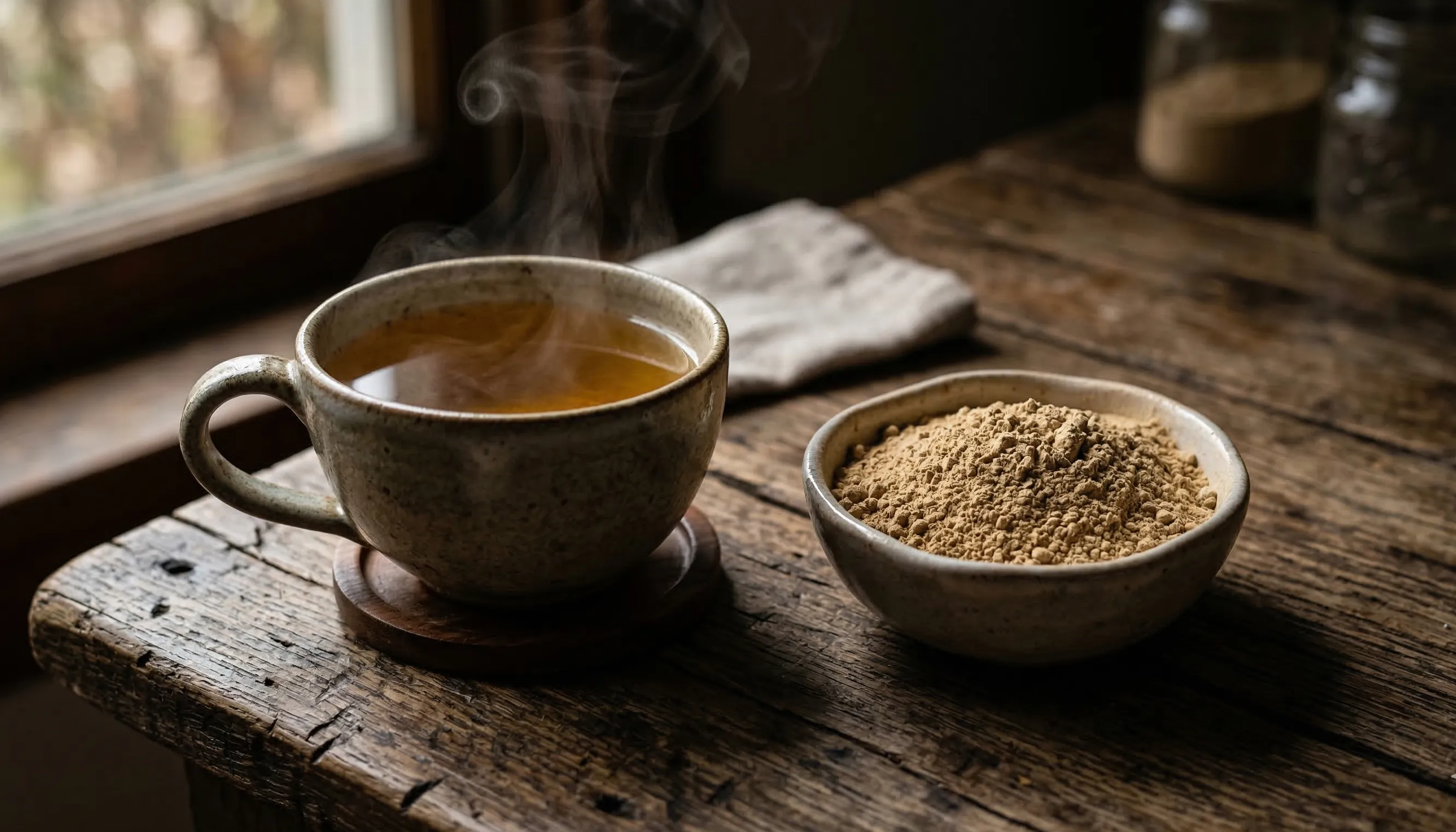 Polvo de raíz de ashwagandha y té de hierbas para reducir el cortisol.