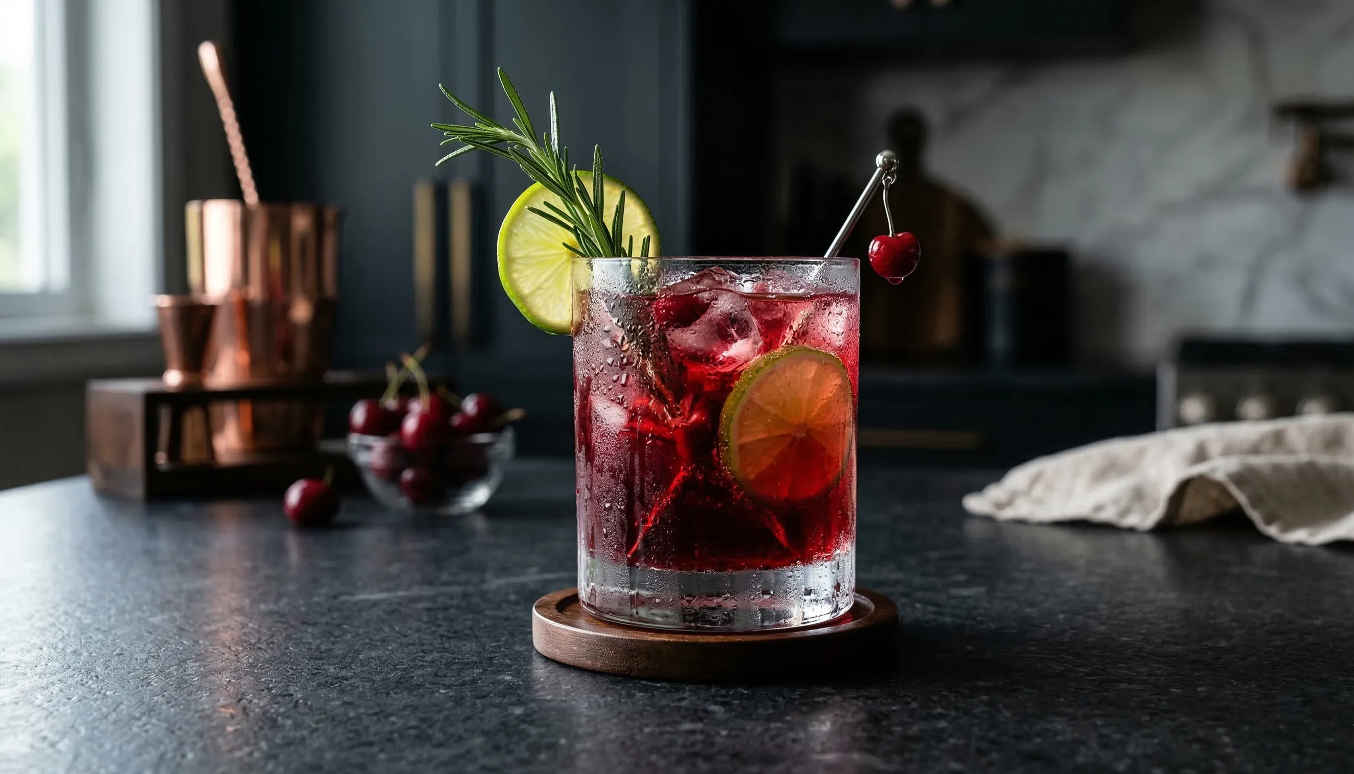 A vibrant tart cherry cortisol drink mocktail with ice, rosemary, and lime for a calming evening routine.