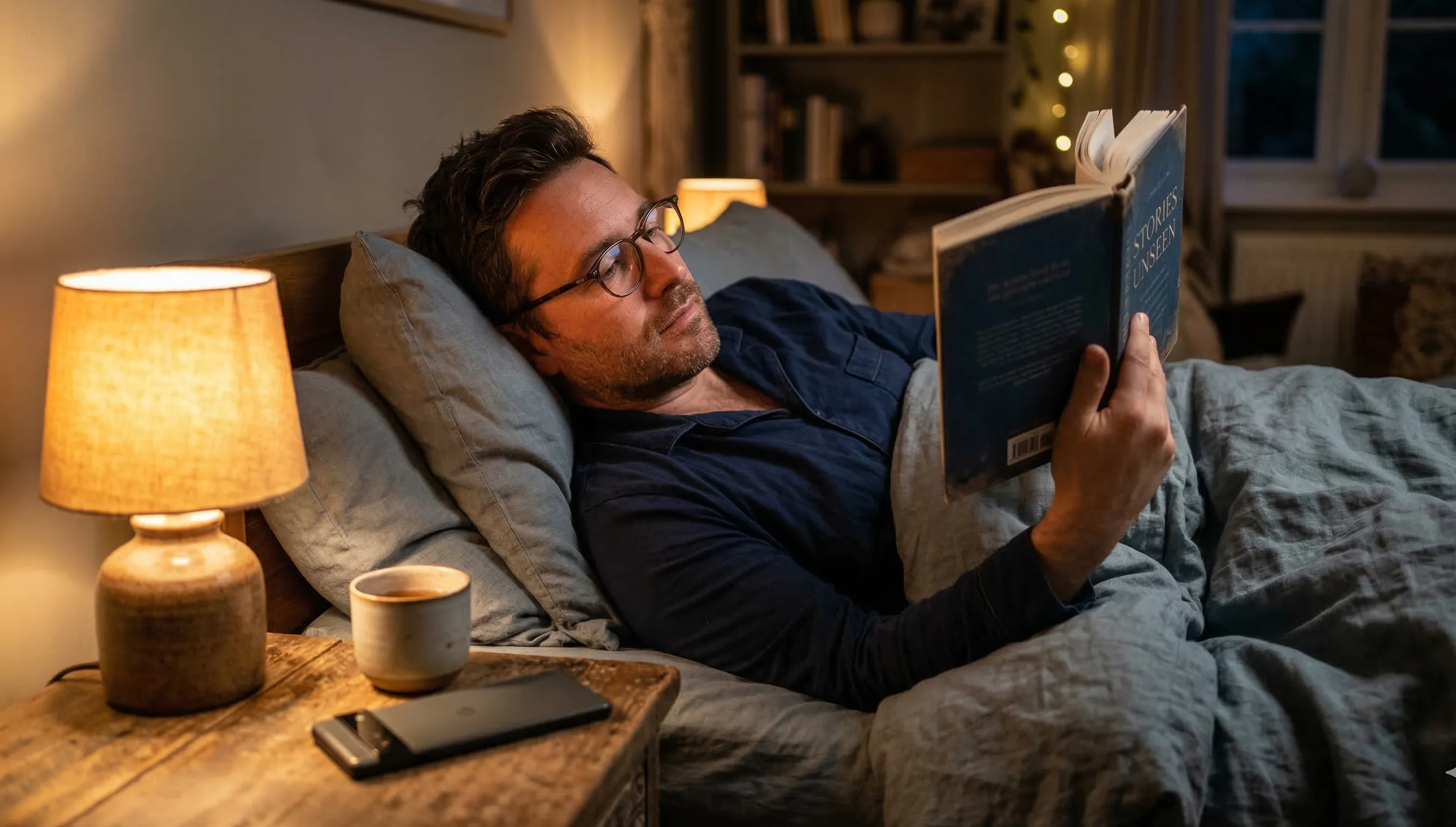Hombre leyendo un libro en la cama para dormir mejor y bajar el cortisol.
