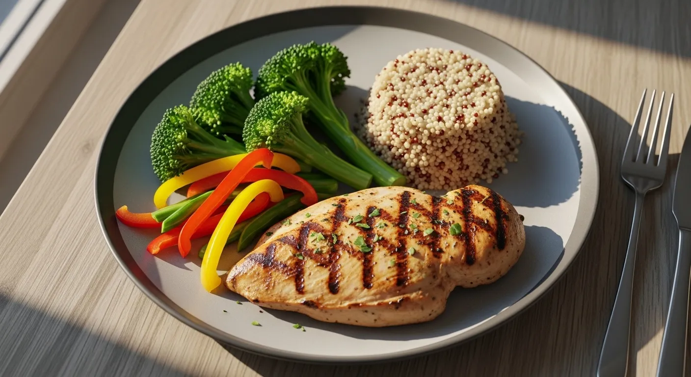 A healthy, protein-rich meal with chicken and vegetables, representing one of the best food strategies to reduce the hunger hormone ghrelin.
