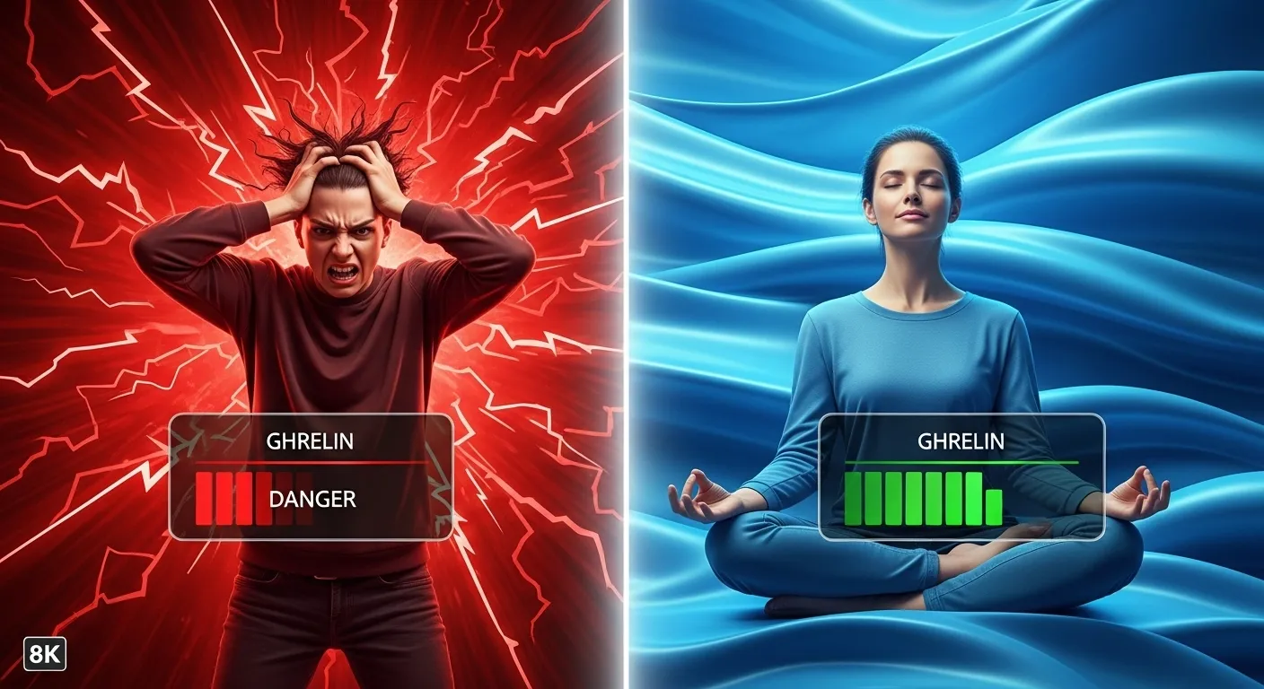 A split-screen visual demonstrating how stress increases ghrelin levels versus how calmness and meditation achieve natural hunger control.