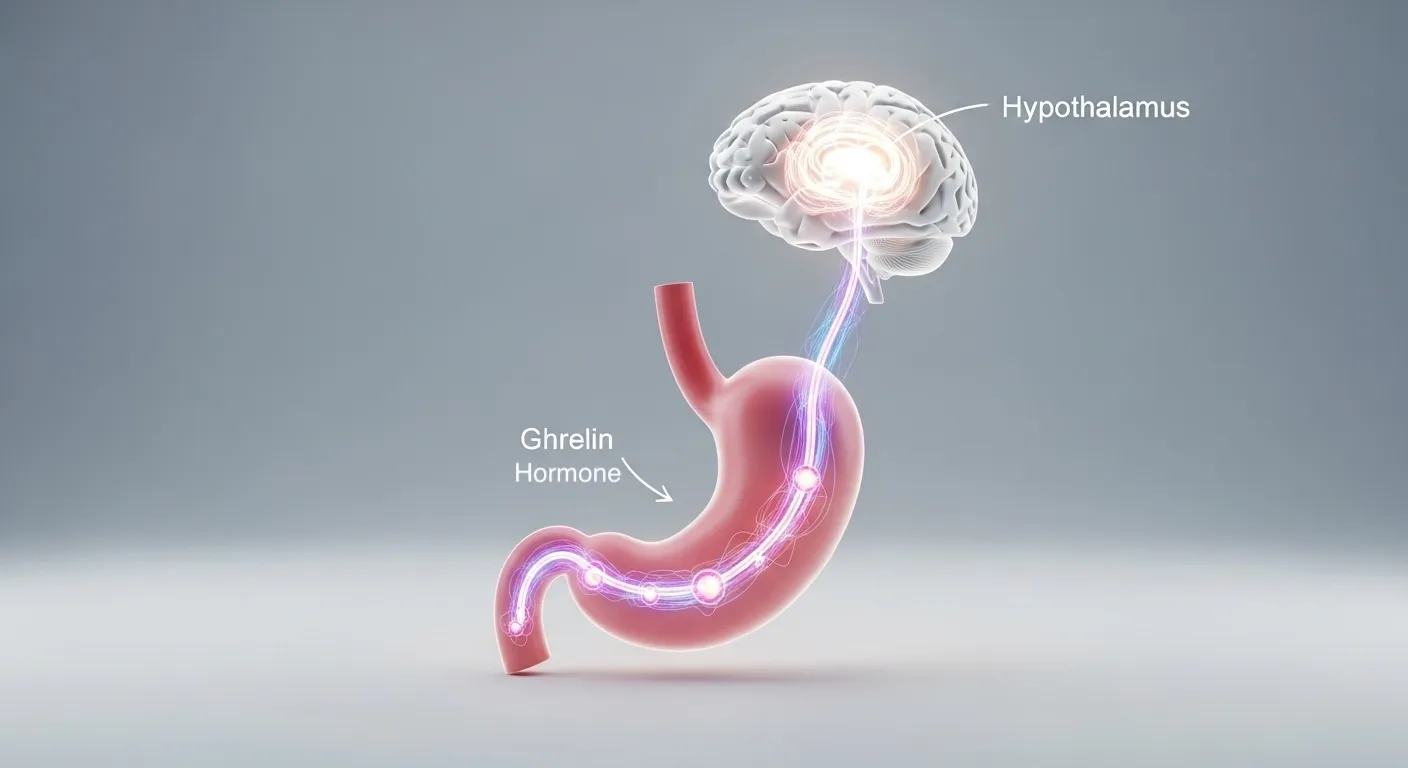 A clear illustration showing how the ghrelin hormone travels from the stomach to the brain to effectively signal hunger in the body.