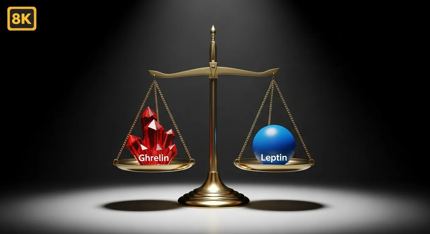 A balance scale with ghrelin and leptin in perfect equilibrium, illustrating the importance of hunger hormone control for sustainable weight loss.