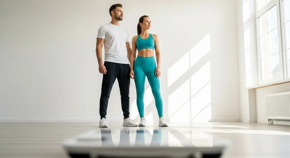 A fit woman confidently focusing on her strong reflection, demonstrating the importance of lean mass vs fat mass ratio over body weight.