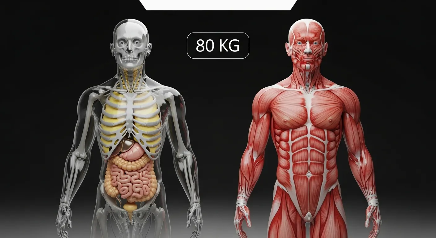 An image comparing two bodies of the same weight to explain the difference in their lean mass vs fat mass ratio.