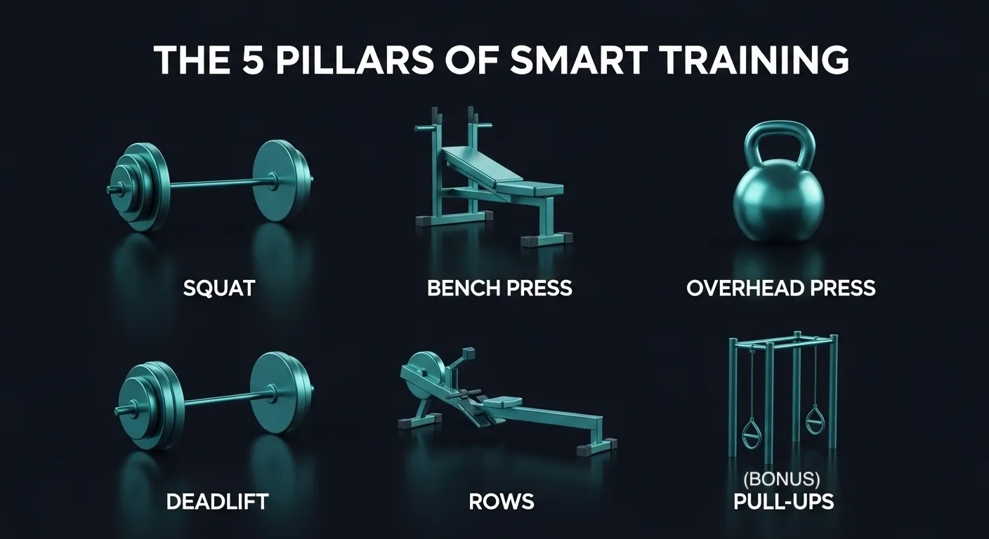 Image showing the 5 pillar workouts to improve lean mass ratio: squats, deadlifts, bench press, overhead press, and rows.