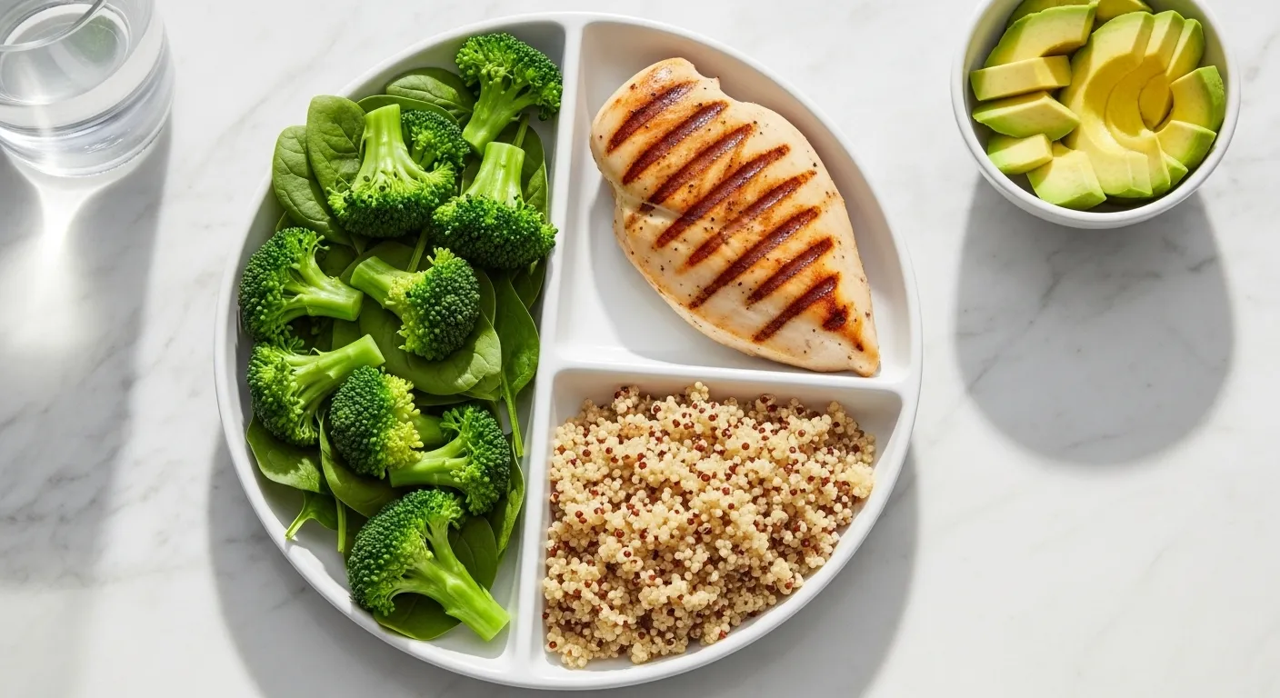 A balanced plate showing a muscle gain vs fat loss nutrition plan with lean protein, complex carbs, and vegetables to improve body composition.
